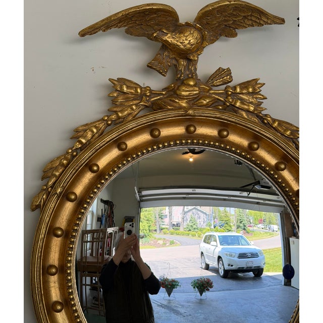 Gold Overscale Federal Style Convex Eagle Girandole Mirror With Shell Cartouche, 48" For Sale - Image 8 of 12