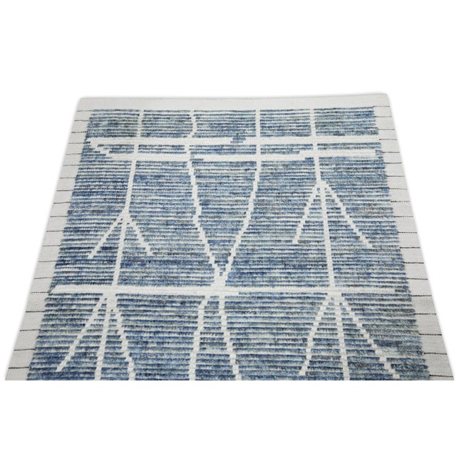 Blue & White Geometric Modern Handmade Wool Tulu Runner 3' X 12'7" For Sale - Image 4 of 6
