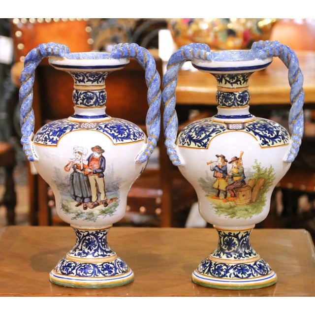 Late 19th Century Large Pair of 19th Century French Desvres Faience Urns With Twisted Handles For Sale - Image 5 of 17