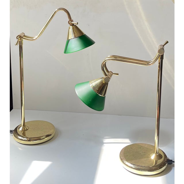 Vintage Scandinavian Bankers Desk Table Lamps in Brass and Green Glass, 1990s, Set of 2 For Sale - Image 9 of 12