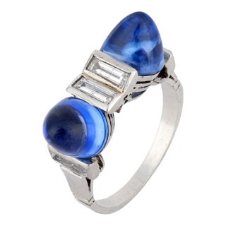 1930s Art Deco 7.00 Carat Sugarloaf Cut Sapphire Diamond Platinum Ring, Size 5 For Sale