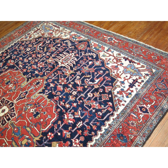 Traditional Antique Persian Square Navy Geometric Heriz Rug For Sale - Image 18 of 18