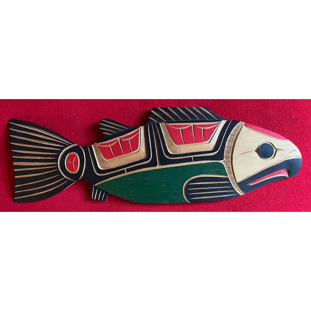 Squamish Nation Carved Wood and Paint Decorated Salmon Fish Wall Sculpture by Neil Baker For Sale - Image 4 of 9