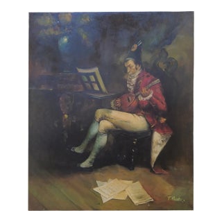 Mid-20th Century Signed T. Parker - Seated Musician With Lute, Oil on Canvas For Sale