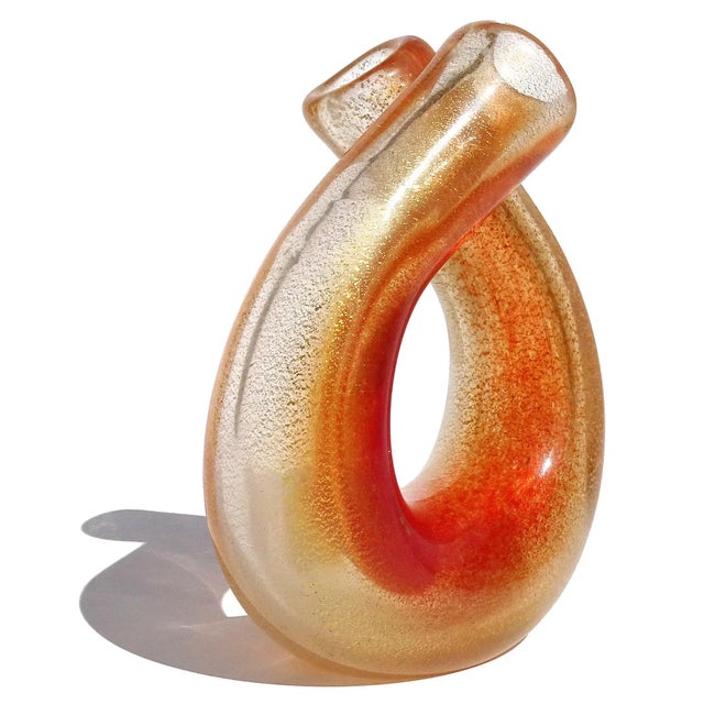 Seguso Murano Vintage Red Orange Gold Flecks Italian Art Glass Double Mouth Tube Flower Vase For Sale - Image 10 of 13