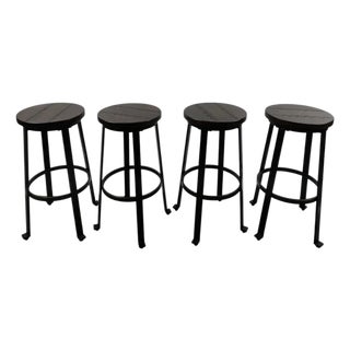 Vintage Industrial Style Round Wood Top Bar Stools W Black Iron Legs, Set of 4 For Sale