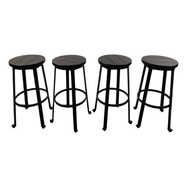 Vintage Industrial Style Round Wood Top Bar Stools W Black Iron Legs, Set of 4 For Sale