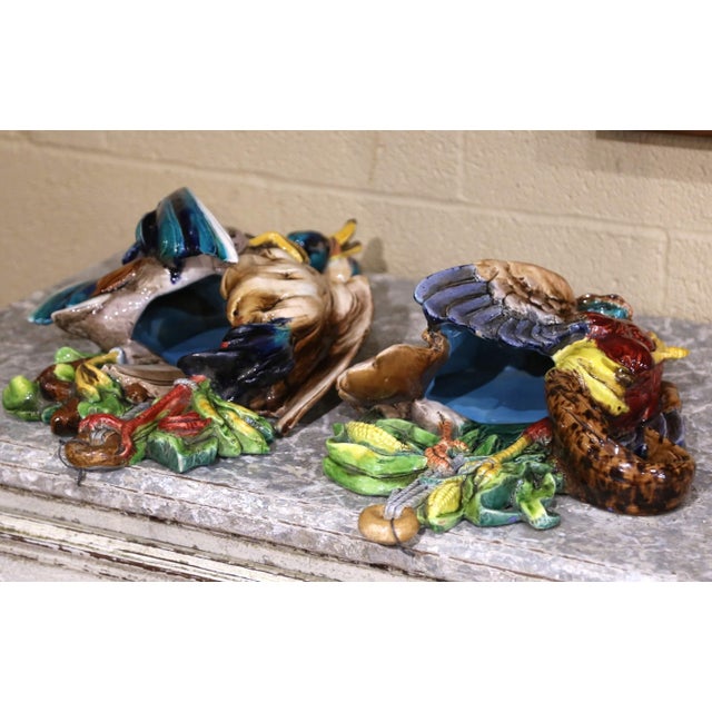 Early 20th Century Pair Early 20th Century French Barbotine Majolica Game Bird Wall Pockets For Sale - Image 5 of 14