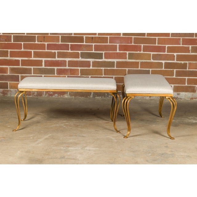 Midcentury French Gilt Metal Benches with Cabriole Legs and Upholstery, a Pair For Sale - Image 9 of 12