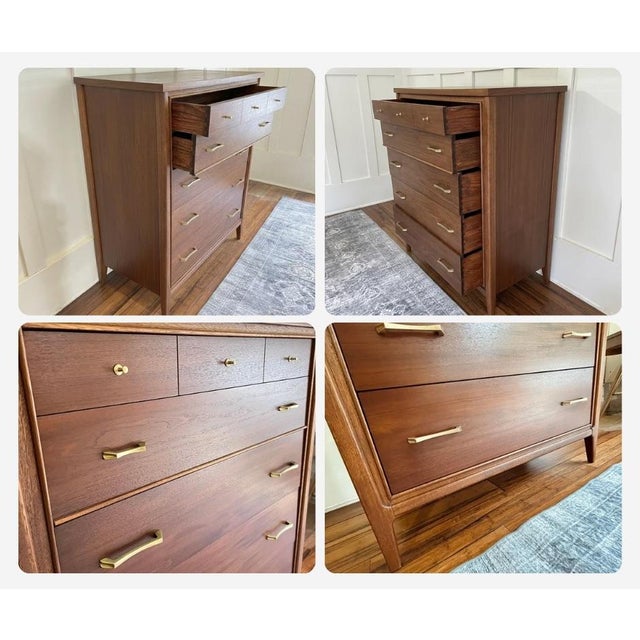 Refinished Mid-Century Modern Stanley Walnut Dresser Highboy Chest of Drawers With Original Brass Hardware For Sale - Image 11 of 12