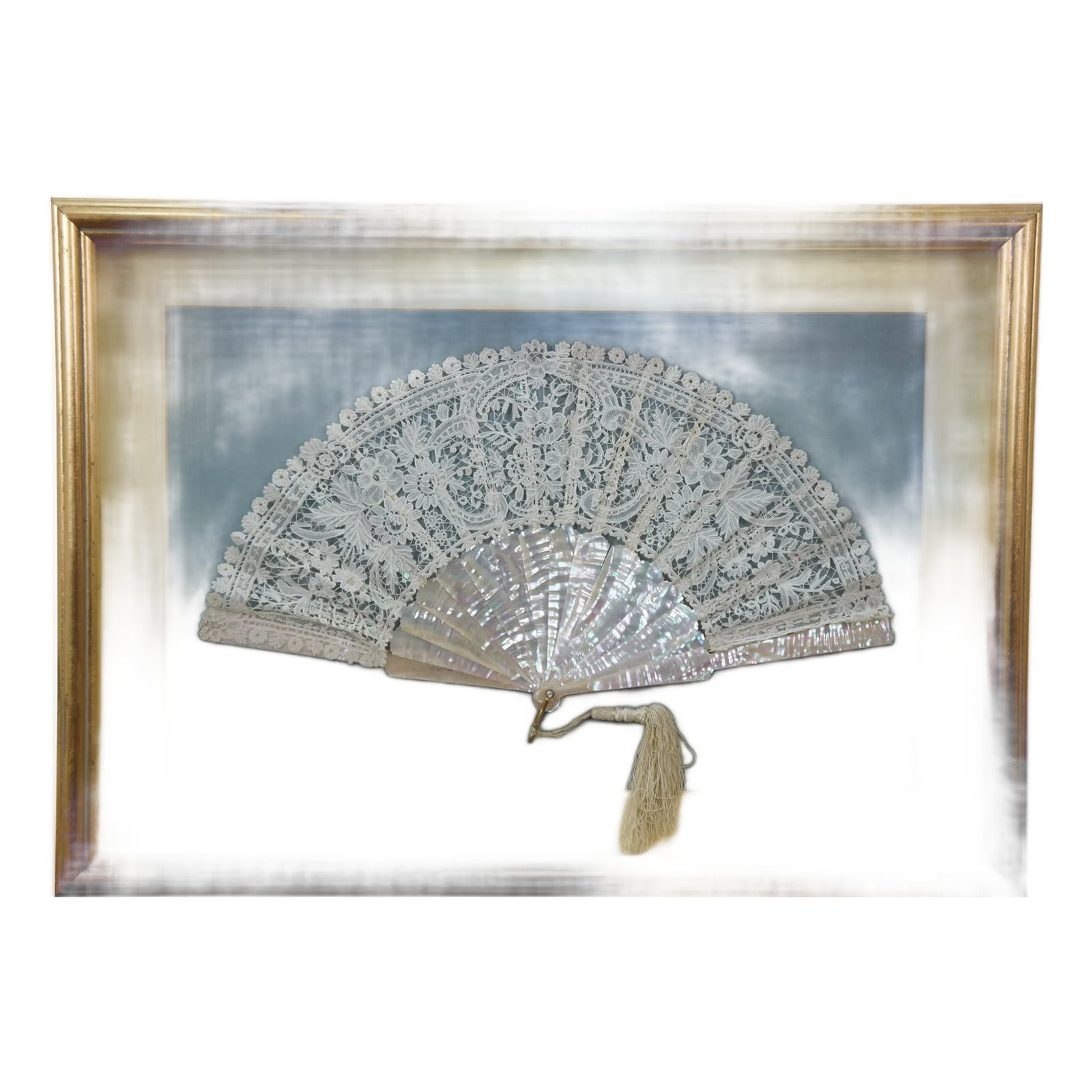 Antique Victorian Mother of Pearl Lace Folding Fan Shadow Box Display ...