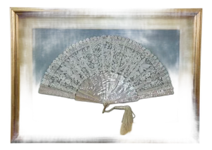 Antique Victorian Mother of Pearl Lace Folding Fan Shadow Box Display 28"