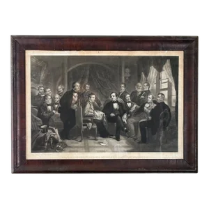 Mid 19th Century Engraving by Thomas Oldham Barlow "Washington Irving and His Literary Friends", in Walnut Veneer Frame