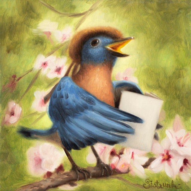Songbird by Beth Sistrunk | Oil on Artefex ACM panel Bluebird perched on a branch with flowers. For Sale