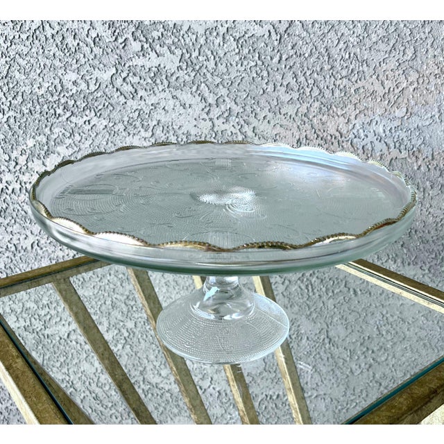 Circa 1950 Whimsical “Harp” Scalloped Gilt Edge Pedestal Cake Stand by Jeannette Glass For Sale - Image 11 of 18