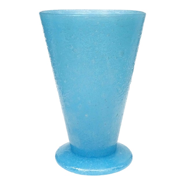 Antique Murano AVeM Label 1930s Blue Iridescent Pulegoso Bubbles Italian Art Deco Glass Decorative Flower Vase For Sale