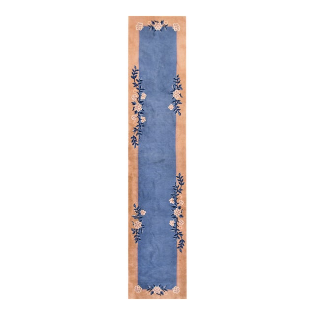 Blue Antique Open Field Floral Deco Runner Chinese Peking Carpet Rug For Sale
