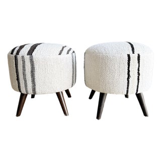 Pair of Striped Off-white, Black Ottomans Made From Vintage Turkish Rugs For Sale