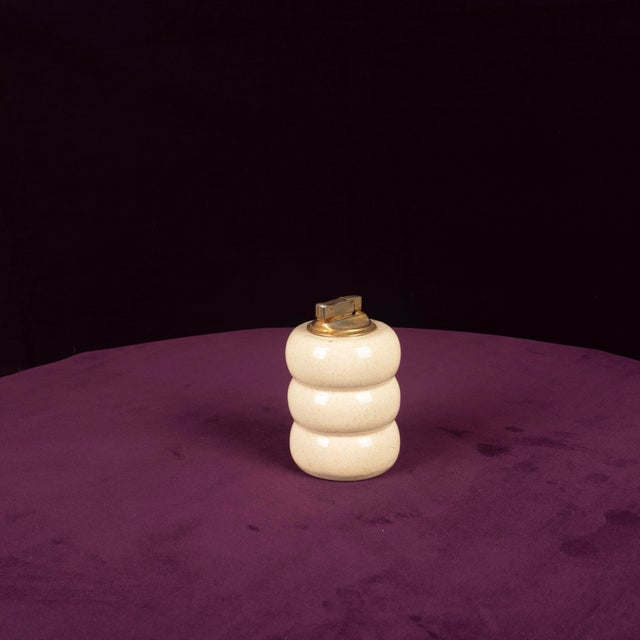 Cream Speckled Ceramic and Brass Table Lighter by Tommaso Barbi, 1970s For Sale - Image 4 of 15