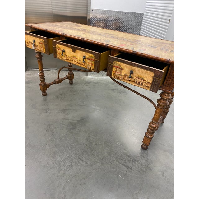 Painted Faux Bamboo Console was painted in the motif of the forbidden city, China. The console is in excellent pristine...