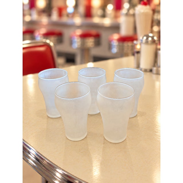 Mid-Century Modern Mid-Century Frosted Glass Tumblers With Pink Metal Holders | 1950s Soda Fountain Drinkware | Set of 5 For Sale - Image 3 of 6