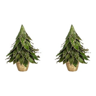 Natural Leaf Christmas Tabletop Tree on Pot, Set of 2 For Sale
