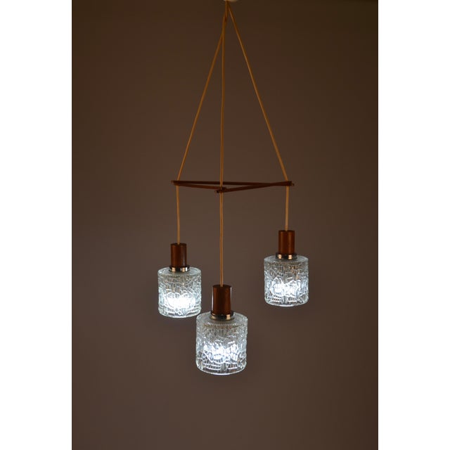 Wood Teak and Textured Glass 3-Light Pendant attributed to Carl Fagerlund, Denmark, 1960s For Sale - Image 7 of 17