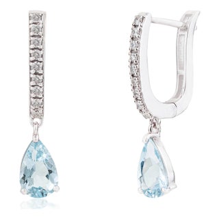 1.19Ct Natural Aquamarine & Diamond Huggie Drop Earrings in 14k White Gold- 2 Pieces For Sale