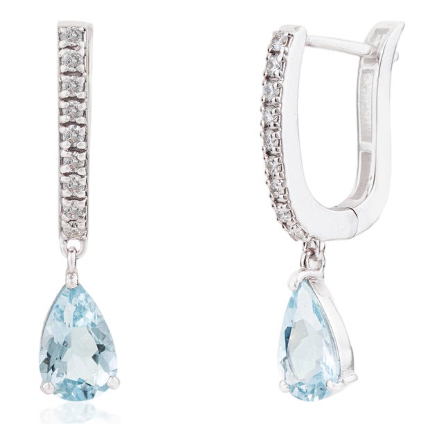 1.19Ct Natural Aquamarine & Diamond Huggie Drop Earrings in 14k White Gold- 2 Pieces For Sale