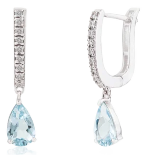 1.19Ct Natural Aquamarine & Diamond Huggie Drop Earrings in 14k White Gold- 2 Pieces