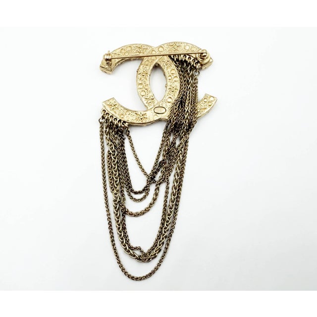 Chanel Gold CC Pearl Crystal Multi Chain Medium Brooch *Marked 18 *Made in France -The brooch is approximately 4" x 1.9"....