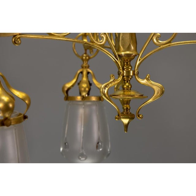 French Art Nouveau Brass and Frosted Glass Three-Light Chandelier, circa 1920 For Sale - Image 17 of 18