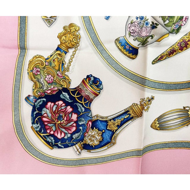 Contemporary 1990s Hermes Vintage Pink Blue Perfume Qu Importe Le Flacon Scarf For Sale - Image 3 of 5