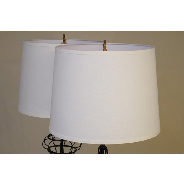 1930s French Empire Neoclassical Wire Urn Cage Brass Wood Table Lamps - a Pair For Sale - Image 11 of 11
