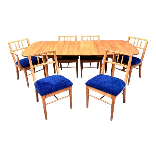 Vintage Mid-Century Modern Dining Set in Natural Wood and Navy - Set of 7 For Sale