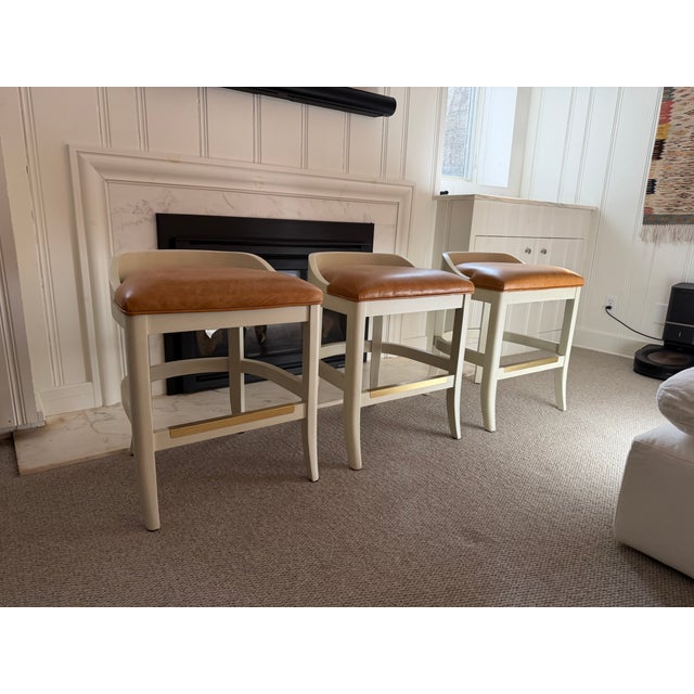 Custom Counter Stools by Jessica Charles — Toffee Leather, Antique White Frame, Brass Footrest (Set of 3) For Sale - Image 9 of 10