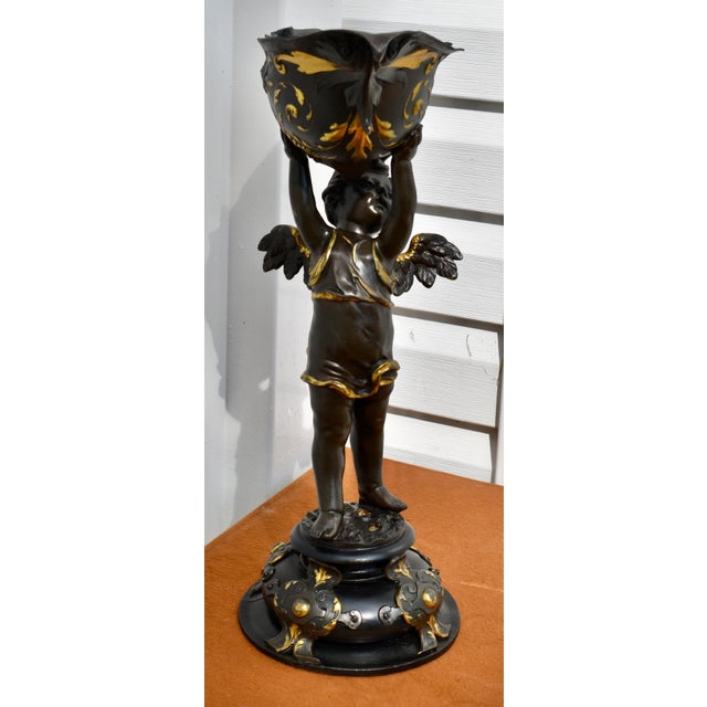 Antique Gilt Bronze Cherub Figure Holding Shell Form Centerpiece Bowl For Sale - Image 10 of 18