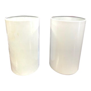 Mid Century White Metal Canister "Up Lights," Floor Lamps, Signed, a Pair For Sale