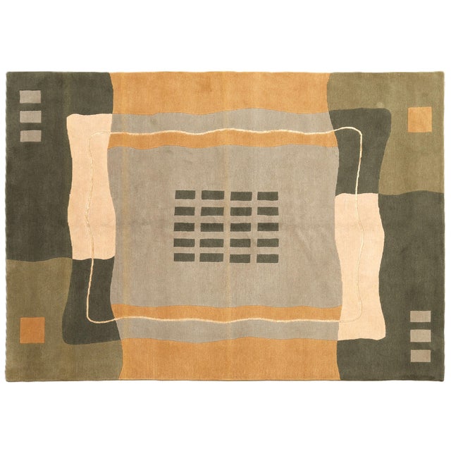 6'x9' Hand-Knotted Modern Arts & Crafts Wool & Silk Geometric Rug in Green, Yellow & Ivory For Sale - Image 10 of 10