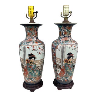 Vintage Chinese Hand Painted Porcelain Table Lamps - A Pair For Sale