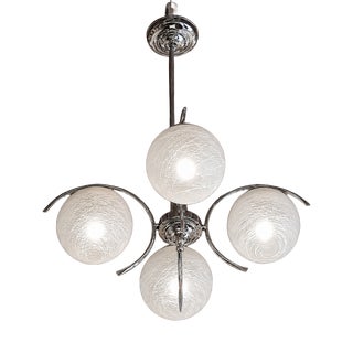 Vintage Sputnik Hanging Lamp with Etched Glass Shades and Chrome-Plated Metal Frame, 1970s For Sale