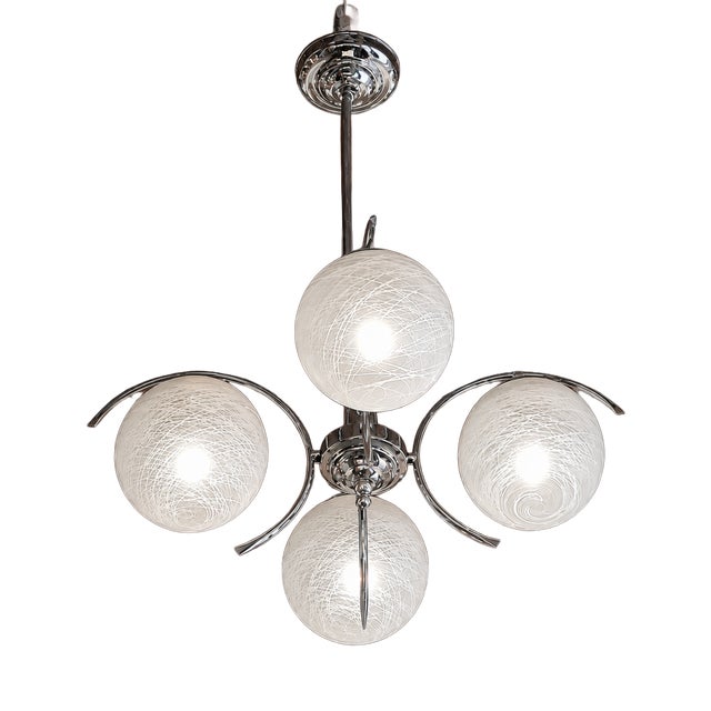 Vintage Sputnik Hanging Lamp with Etched Glass Shades and Chrome-Plated Metal Frame, 1970s For Sale