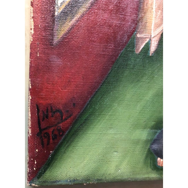 Yitzchak Roman, Israeli Judaica Folk Art Oil Synagogue Interior Malkos Lashes Erev Yom kippur, 1968 For Sale In Miami - Image 6 of 8