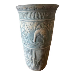 Art Nouveau Red Wing Pottery Stoneware Crane Brushware Vase For Sale