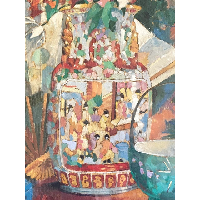 Original still life acrylic painting depicting a Chinese Famille Rose vase filled with creamy white lily stems, a pastel-...