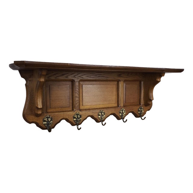 Vintage French Carved Oak 5-Hook Coat Rack For Sale