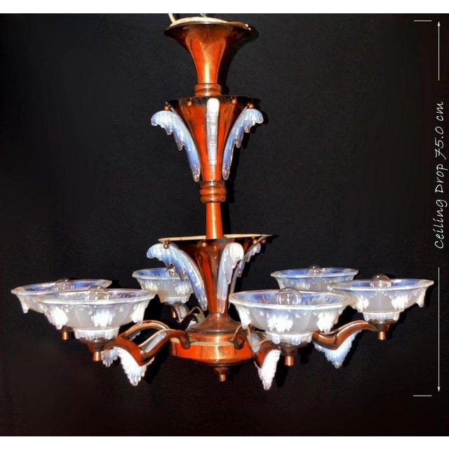 Metal French Art Deco Ezan Six-Light Opalescent Glass Stalactite Chandelier, 1930 For Sale - Image 7 of 18