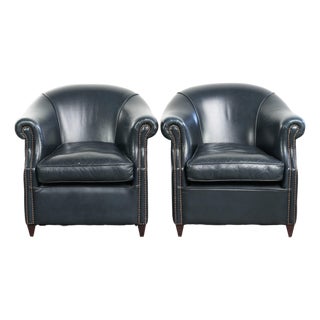 Dark Blue Cowhide Leather Club Chairs, Set of 2 For Sale