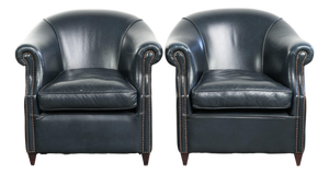 Dark Blue Cowhide Leather Club Chairs, Set of 2