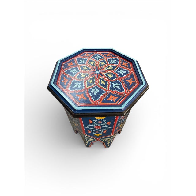 Hand-Painted Moroccan Octagonal Side Table - Cobalt & Crimson For Sale - Image 4 of 9